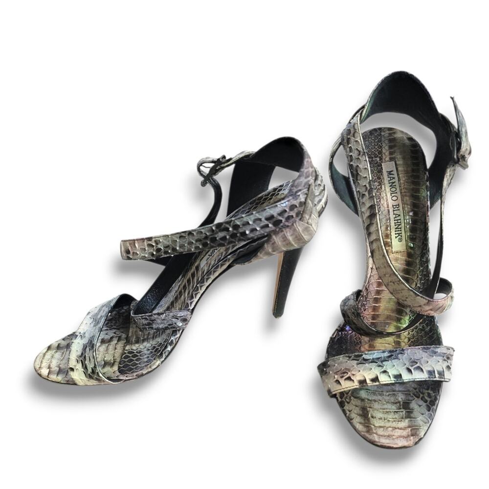 Manolo Blahnik Gray Snakeskin Python Heels‎ strappy Sandals Shoes 36 Stilettos